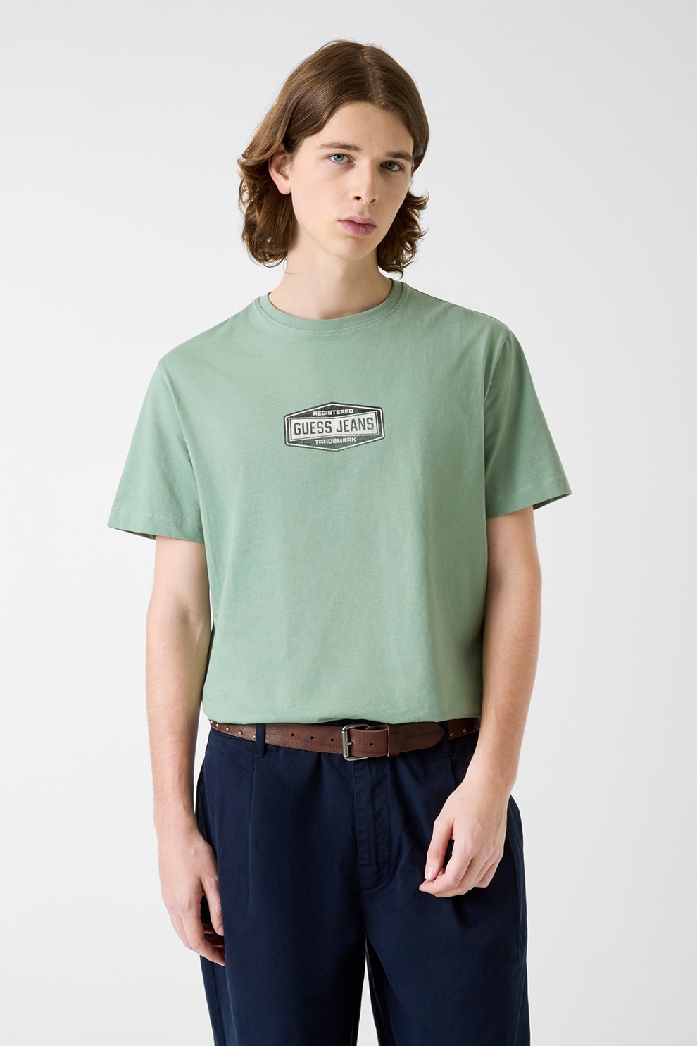 GUESS JEANS, Tricou din bumbac cu decolteu la baza gatului si detaliu logo, Verde pal, M