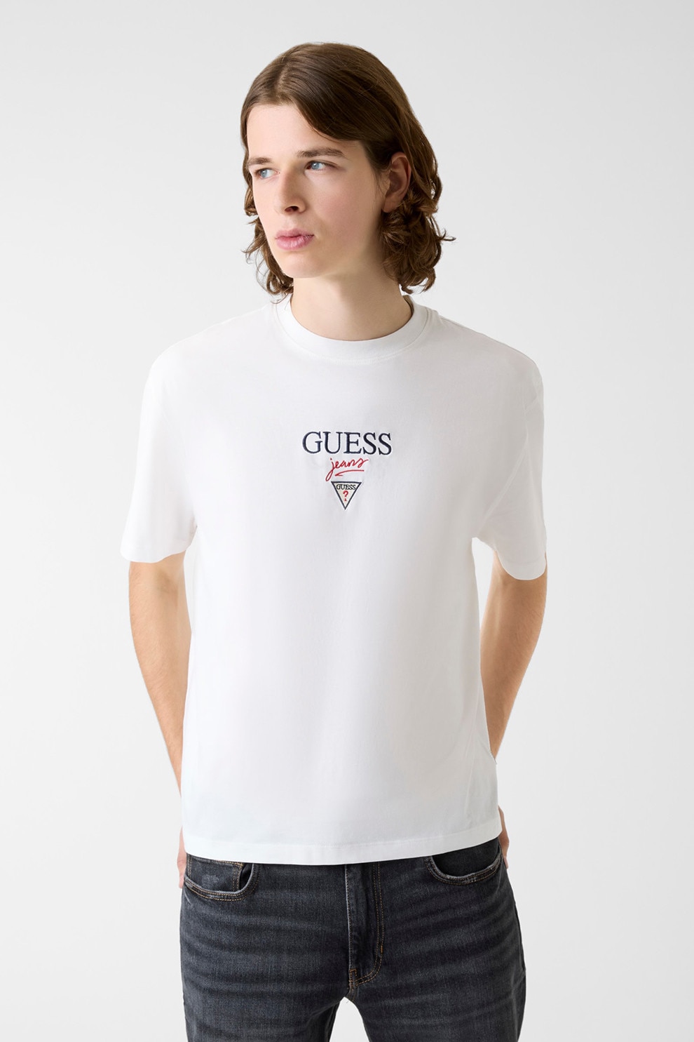 GUESS JEANS, Tricou din bumbac cu broderie logo, Alb, XL