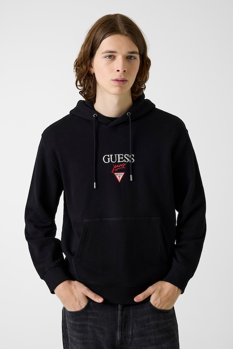 GUESS JEANS, Hanorac cu logo si buzunar kangaroo, Negru