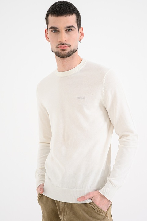 GUESS, Kerek nyakú finomkötött pulóver, Törtfehér