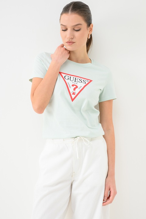 GUESS, Tricou din bumbac cu imprimeu logo, Albastru pastel