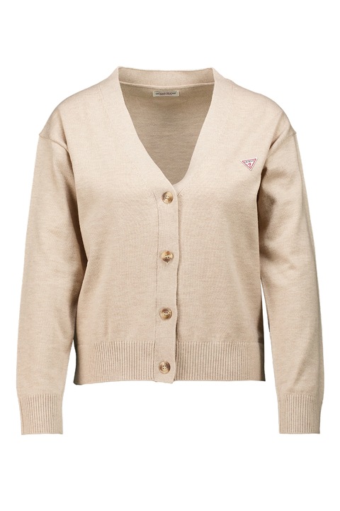 GUESS JEANS, Cardigan cu decolteu in V si logo, Maro camel/Bej deschis