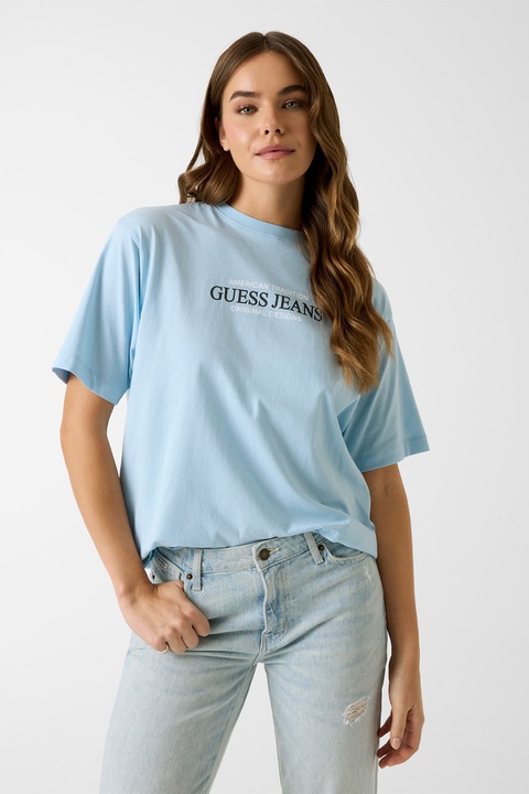 GUESS JEANS, Tricou lejer cu imprimeu logo si decolteu la baza gatului, Albastru deschis