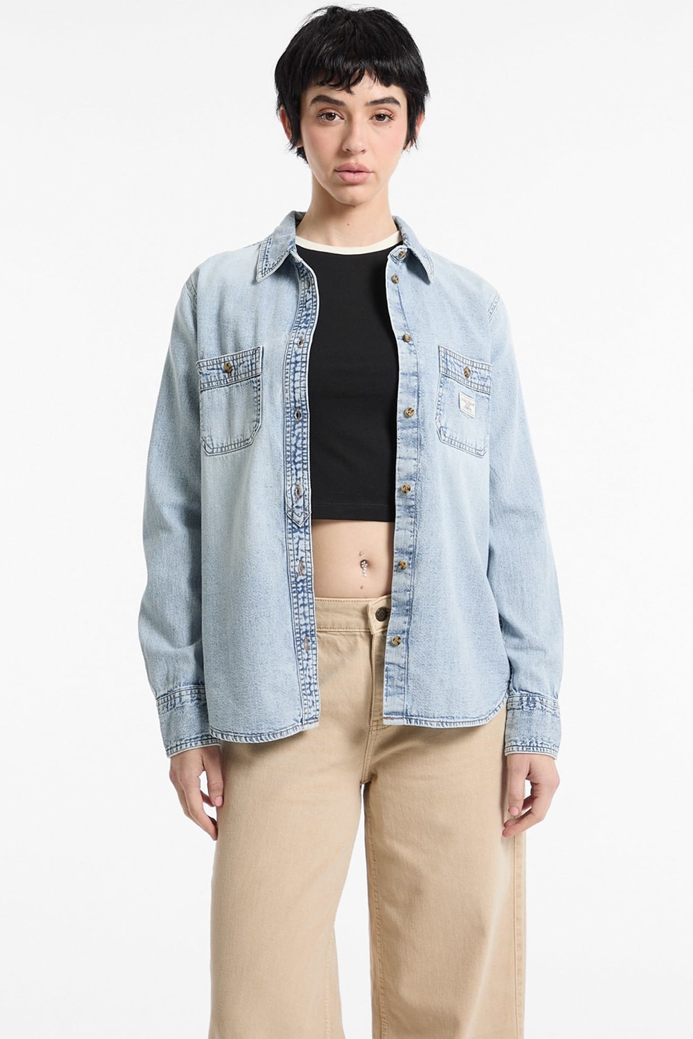 GUESS JEANS, Camasa din denim cu buzunare pe piept, Albastru deschis, XS