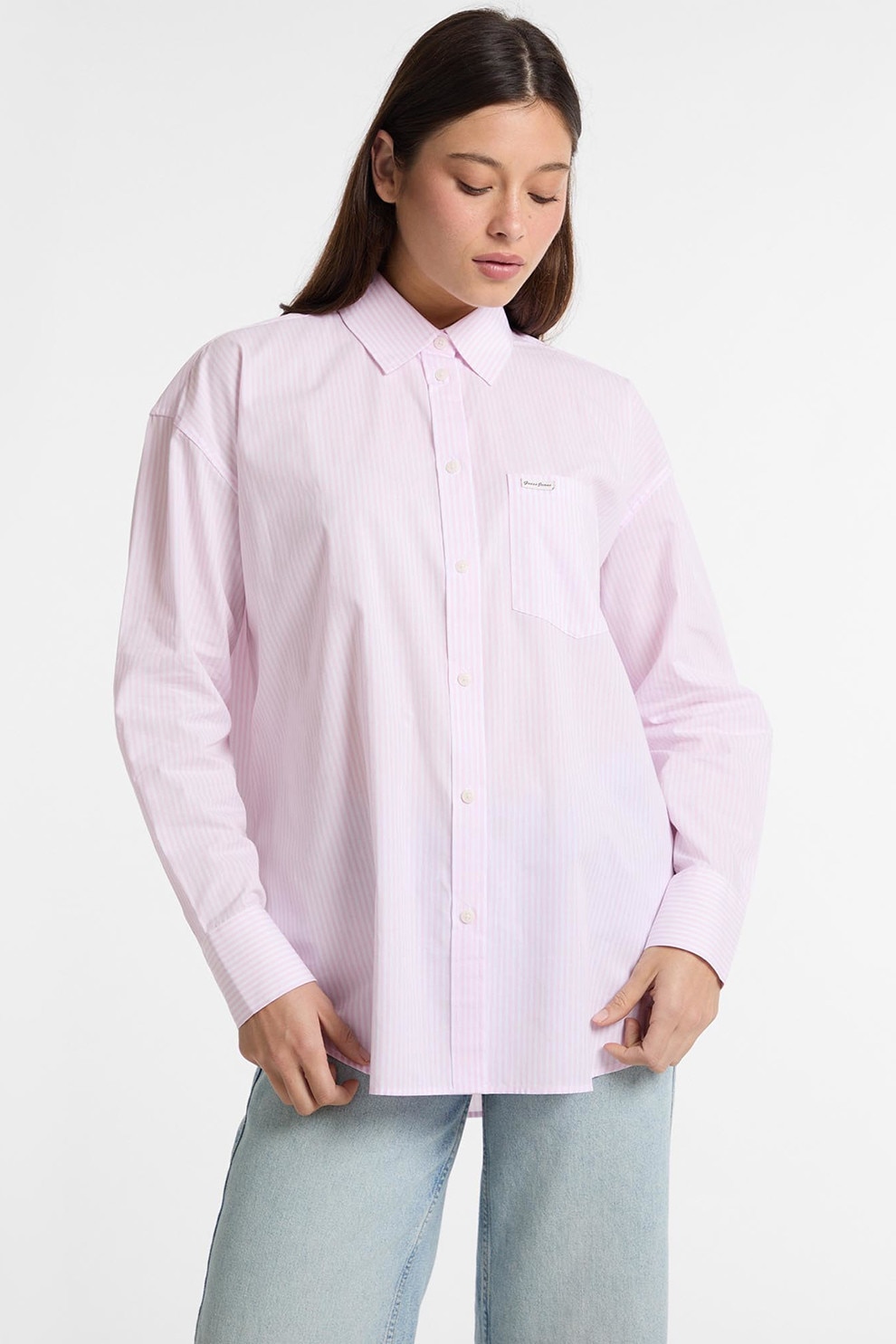 GUESS JEANS, Camasa din bumbac cu model in dungi, Roz pastel, S
