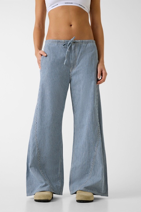 GUESS JEANS, Pantaloni cu snur in talie si dungi, Alb/Albastru pastel