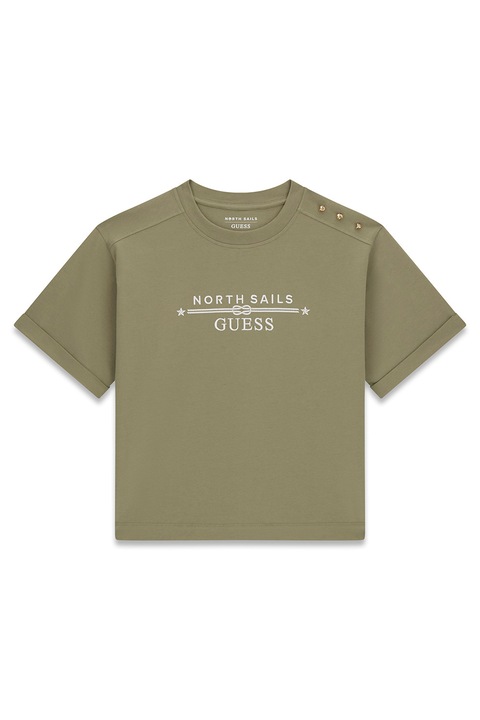 GUESS, Pamuttartalmú póló hímzett logóval, Halványzöld