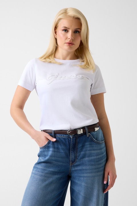 GUESS, Tricou de bumbac cu logo brodat, Alb optic