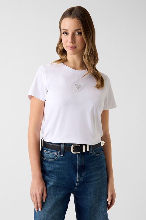 GUESS, Tricou de bumbac cu imprimeu logo triunghiular, Alb optic