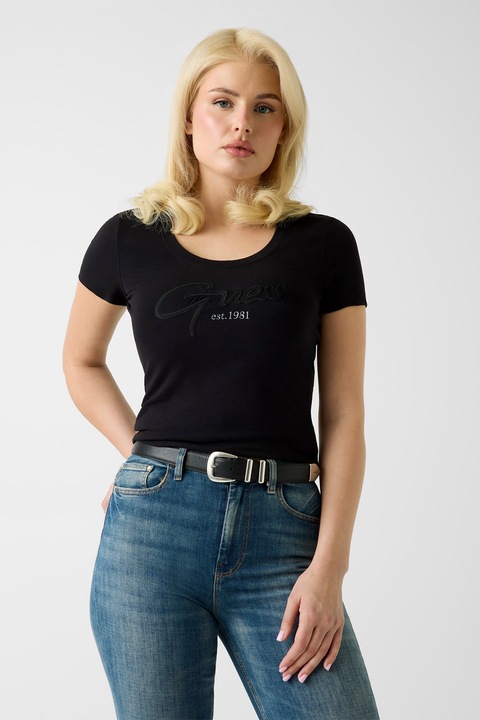 GUESS, Tricou cu decolteu rotund si logo, Negru