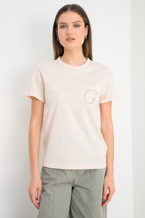 GUESS, Памучна тениска с джоб на гърдите и мъниста, Праскова