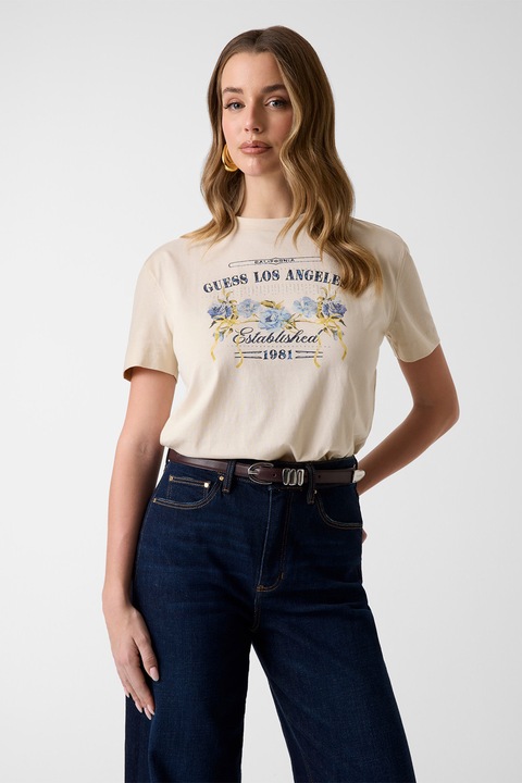 GUESS, Памучна тениска с принт и лого, Бежов