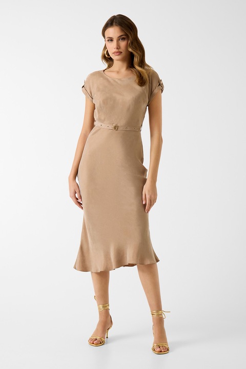 GUESS, Rochie midi din amestec de lyocell cu croiala pe bie, Maro camel