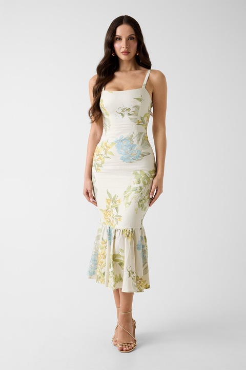 GUESS, Rochie cambrata cu model floral si terminatie cu volane, Verde pal/Albastru, XS