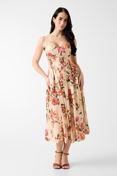 GUESS, Rochie din amestec de in cu model floral, Rosu/Bej