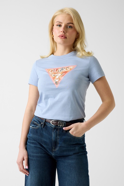 GUESS, Kerek nyakú pőló háromszög logómintával, Fehér/Narancssárga/Levendulakék