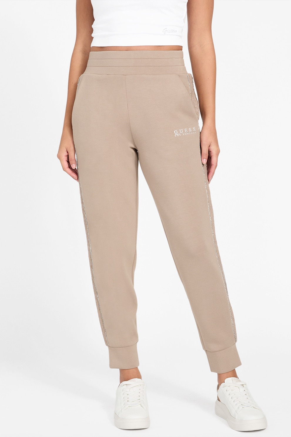 GUESS, Pantaloni de trening cu croiala conica si detalii cu strasuri, Maro nisip, S