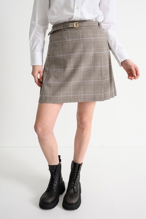 GUESS, Fusta mini evazata cu model in carouri, Albastru lavanda/Maro deschis/Alb murdar