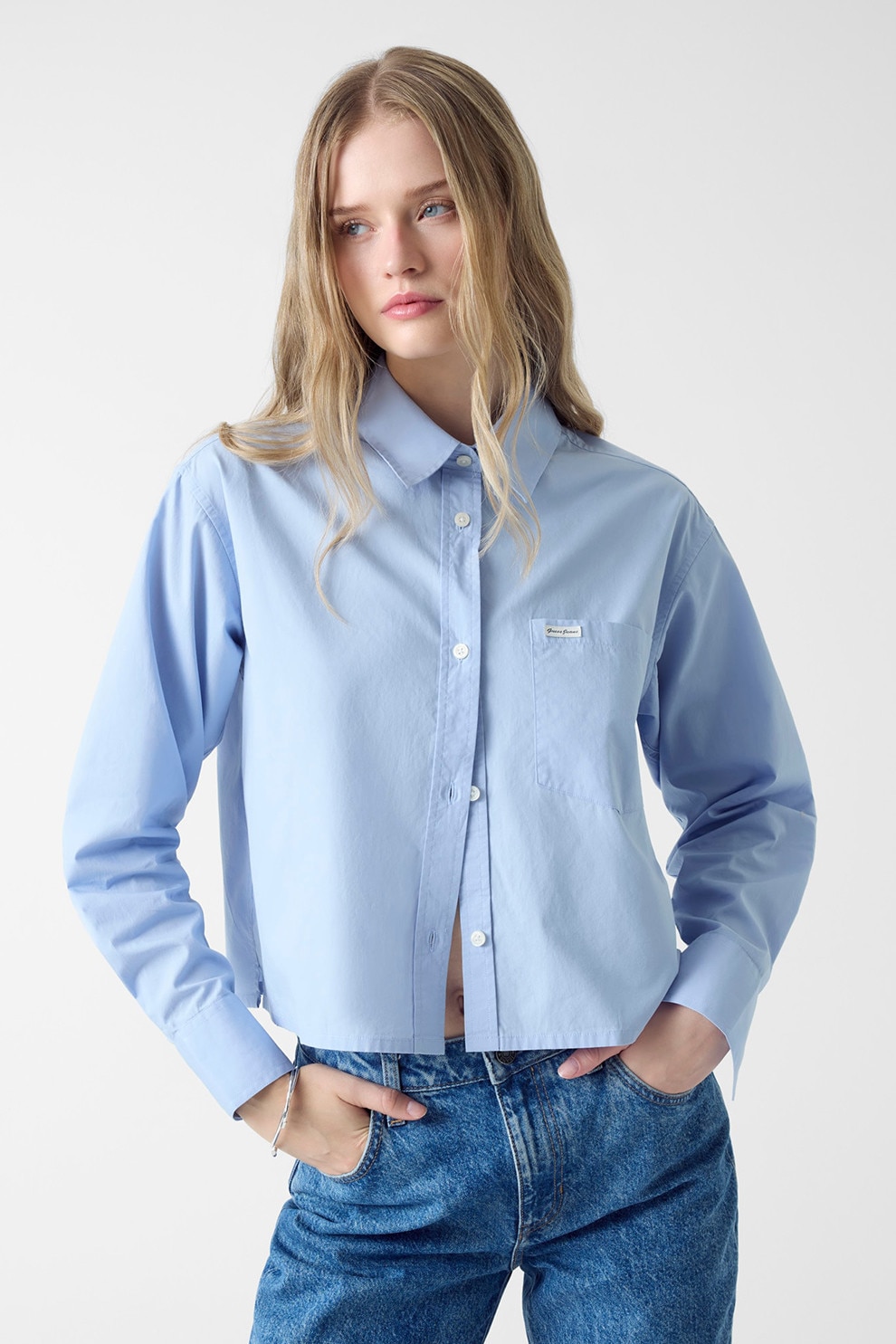 GUESS JEANS, Camasa crop relaxed fit, Albastru deschis, S