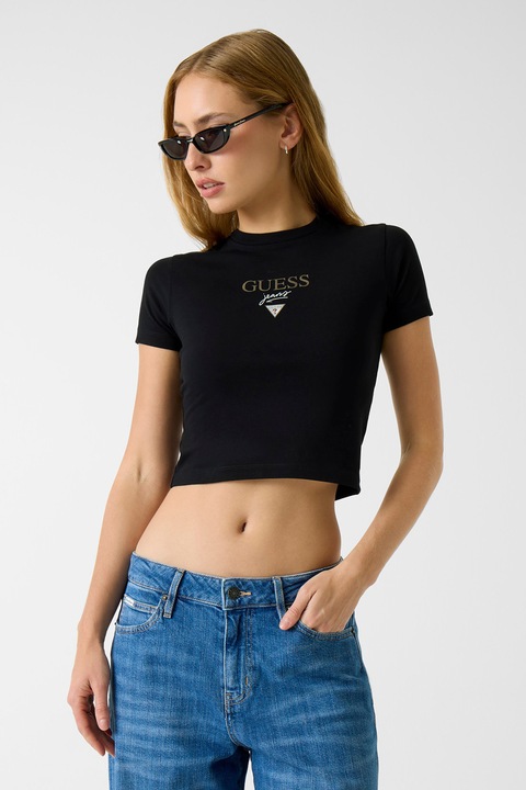 GUESS JEANS, Tricou crop cu croiala cambrata si logo, Negru