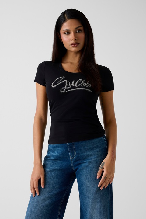 GUESS, Tricou cu imprimeu logo, Negru/Argintiu