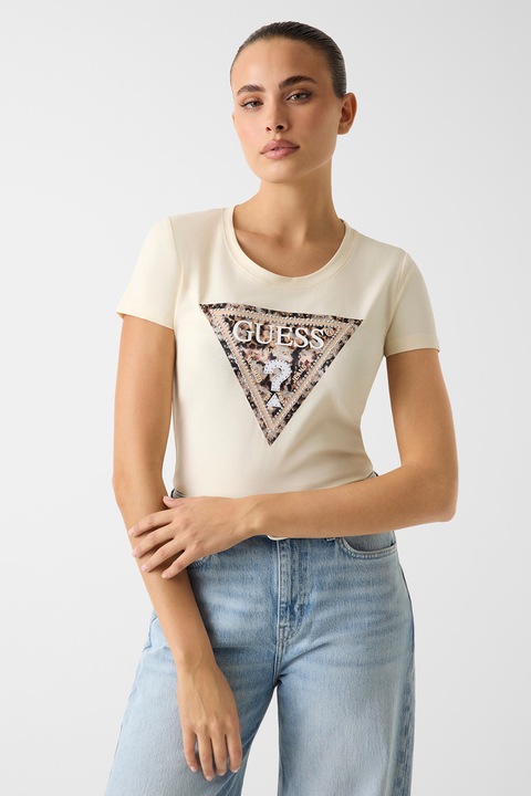 GUESS, Тениска с лого, Бежов/Крем