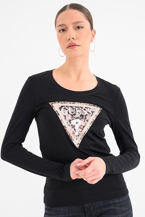 GUESS, Bluza slim fit cu logo decorat, Negru