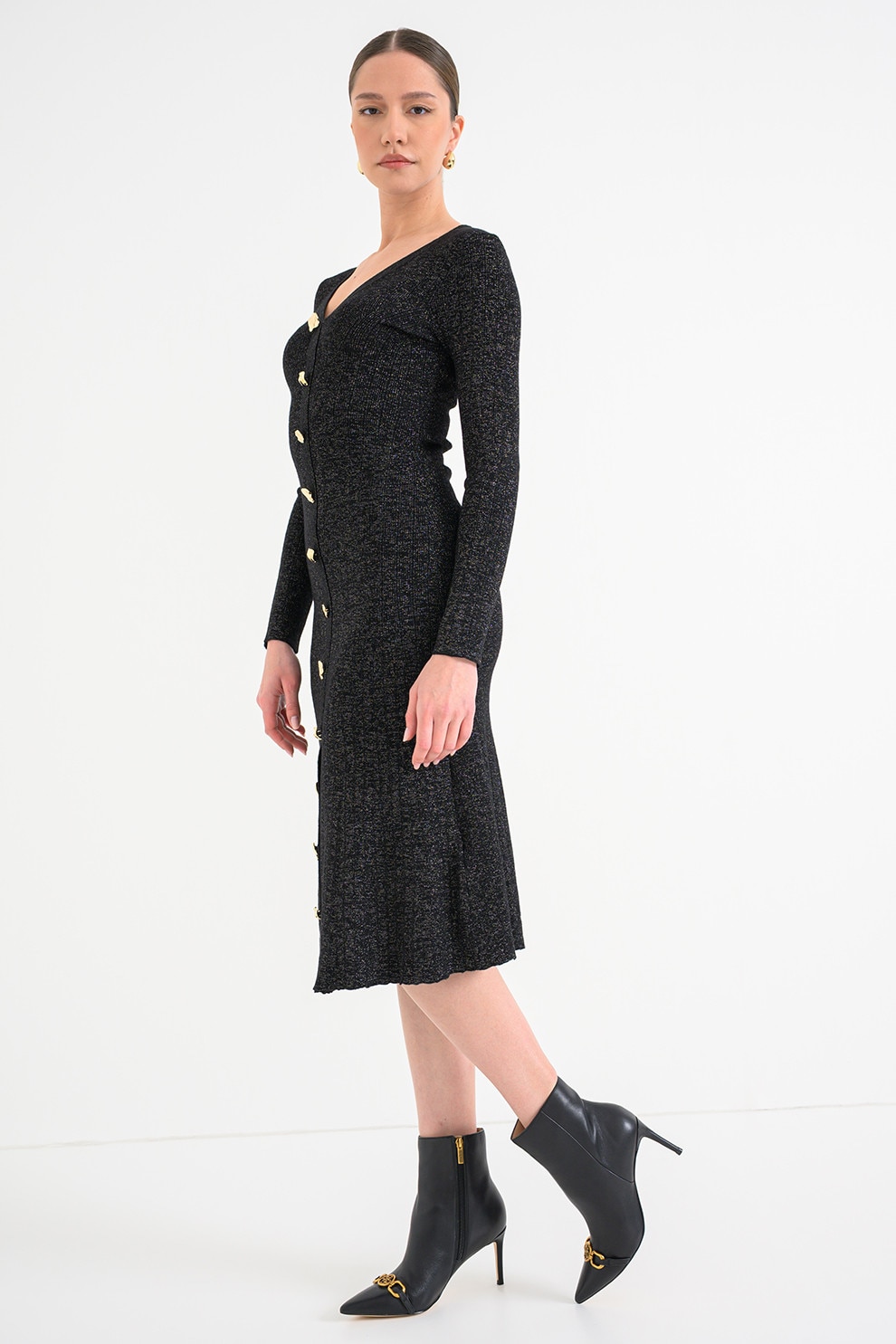 GUESS, Rochi midi din tricot cu nasturi metalici, Auriu, Negru, S