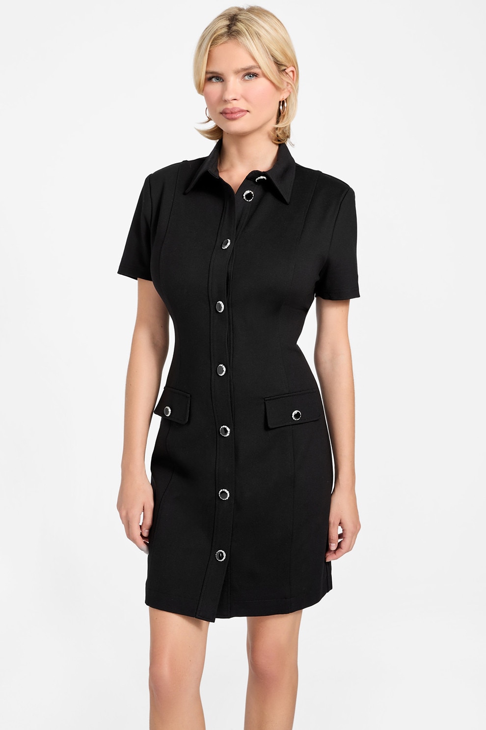 GUESS, Rochie cu nasturi si maneci scurte, Negru, XS