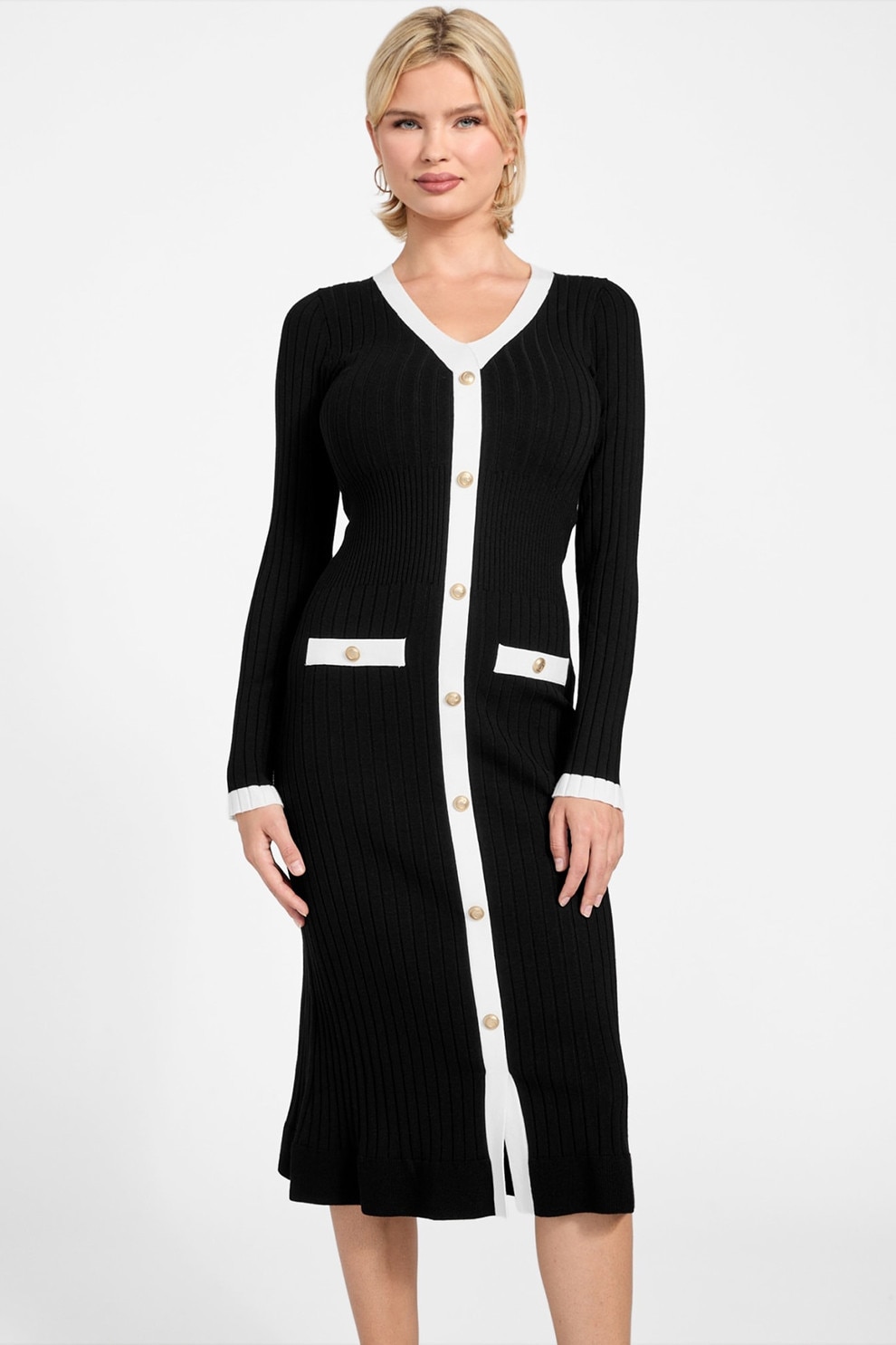 GUESS, Rochie tricotata cu decolteu in V si nasturi, Alb, Negru, XS