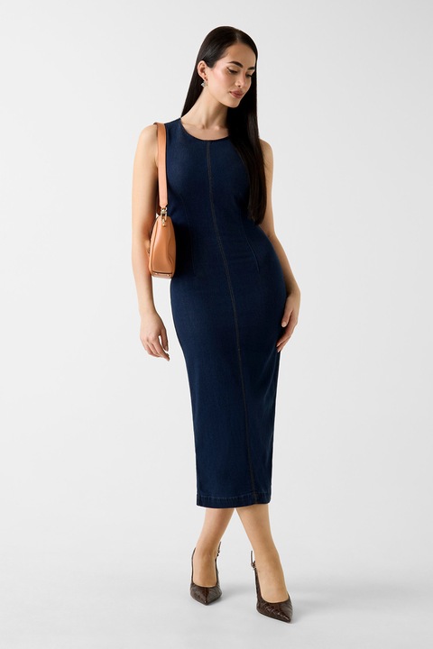GUESS, Rochie din amestec de lyocell cu slit pe partea din spate, Bleumarin