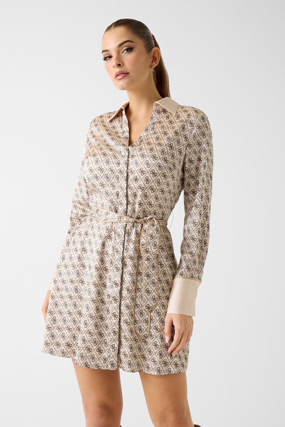GUESS, Rochie-camasa scurta cu monograma, Maro, Bej deschis, S