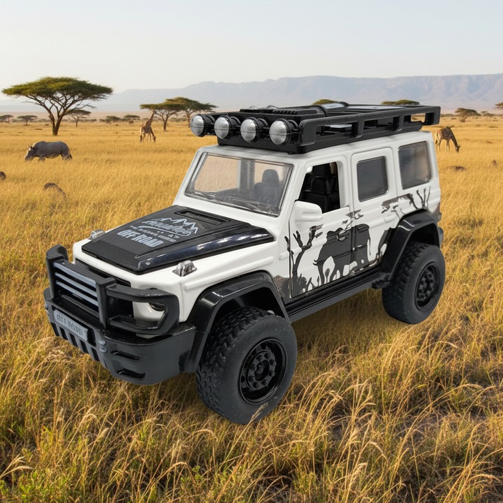 Fém terepjáró modellautó "Mountain Racing", 1:36 méretarányú, 13 cm, Fehér/Fekete, Visszahúzós motor, Nyitható ajtók, VisionXXI