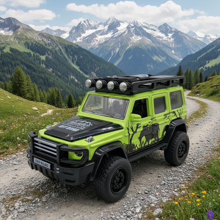 Fém terepjáró autómodell "Mountain Racing", 1:36 méretarány, 13 cm, Zöld/Fekete, Pull-Back motor, Nyitható ajtók, VisionXXI