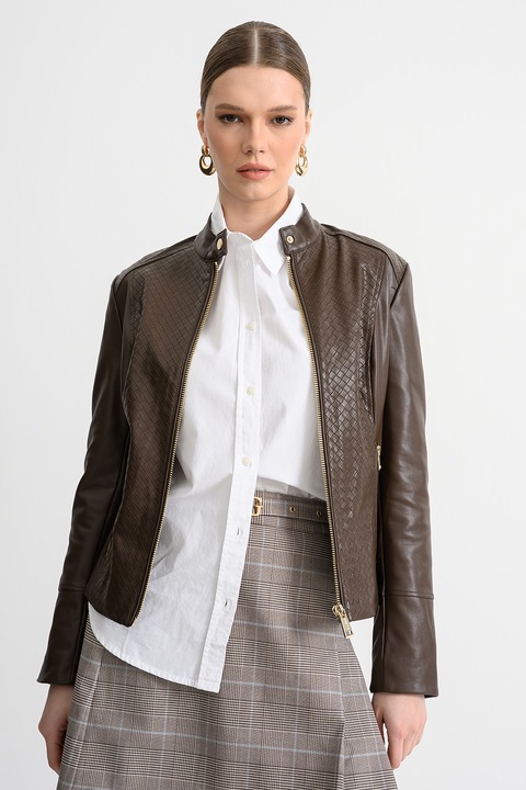 GUESS, Jacheta de piele ecologica cu model cu dungi stantate, Maro pamantiu, S