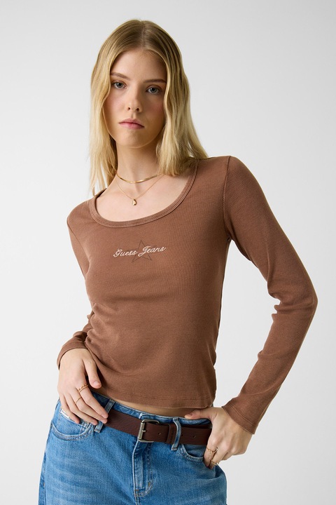 GUESS JEANS, Bluza cu decolteu rotund si imprimeu logo, Maro