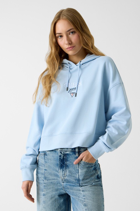 GUESS JEANS, Hanorac crop cu broderie logo, Albastru deschis