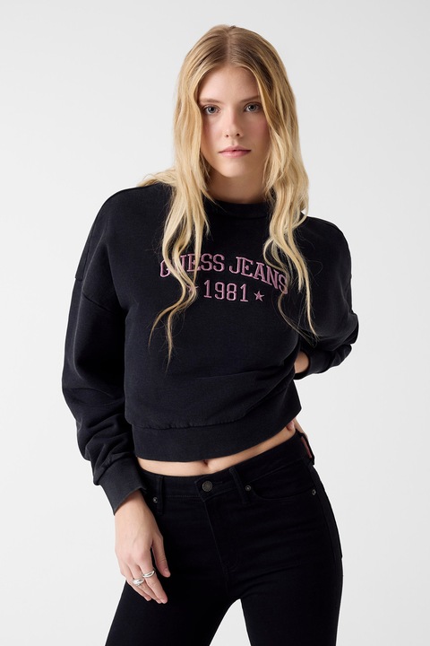 GUESS JEANS, Hanorac crop cu logo, Negru