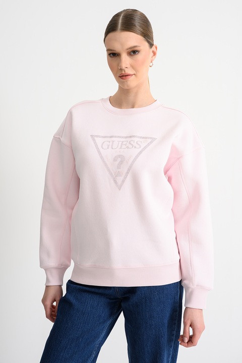 GUESS, Bluza de trening cu maneci cazute si logo din strasuri, Roz pastel/Argintiu