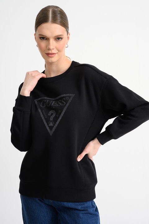 GUESS, Bluza de trening cu maneci cazute si logo din strasuri, Negru