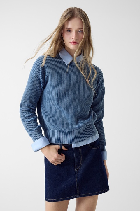 GUESS JEANS, Pulover crop din bumbac, Albastru inchis