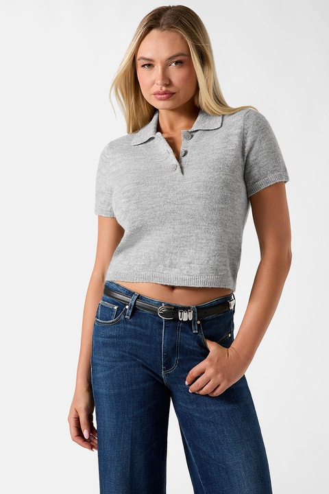 GUESS, Tricou crop cu model uni, Gri melange