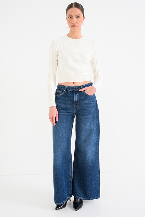 GUESS, Pulover slim fit cu model torsade, Alb fildes