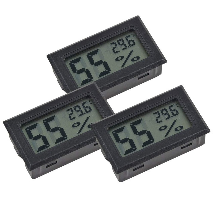 Set de 3 Termometre Mini pentru Masurarea Temperaturii si Umiditatii, negru, 2 in 1, interior