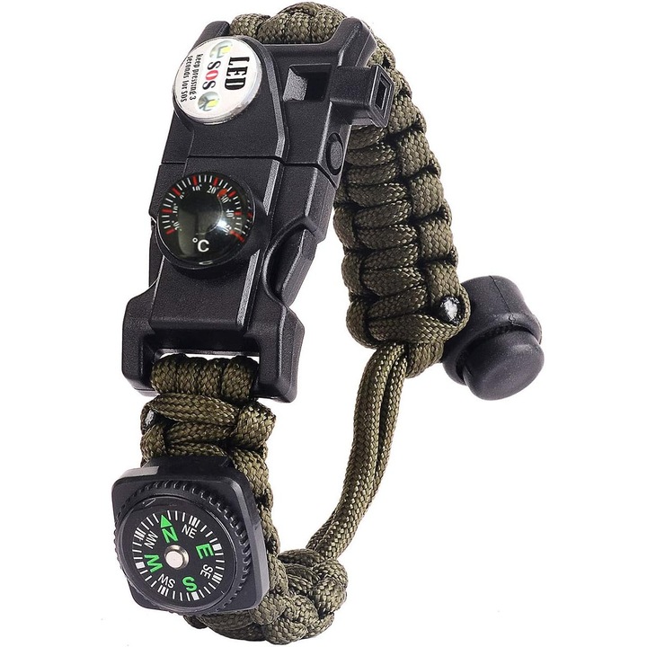 Bratara paracord 8 in 1, cu busola, termometru, fluier, LED, ajustabil 20.5x24cm
