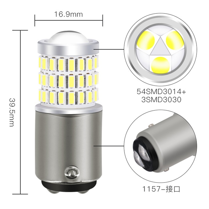 Becuri LED T20 p21/3.8w, 1157, 10V-30V, lumina de frana, set de 2, alb, 360° iluminare
