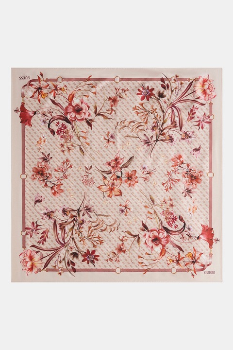 GUESS, Esarfa cu model floral, Rosu, Bej deschis