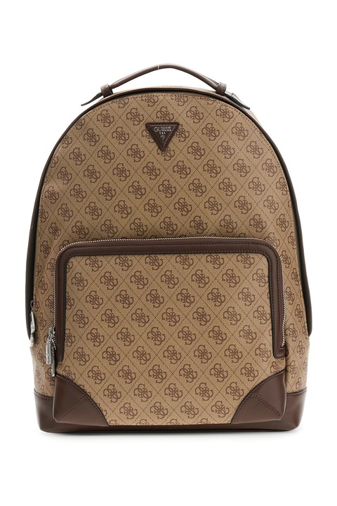 GUESS, Rucsac cu buzunar frontal cu fermoar si model monograma Milano, Maro, Bej