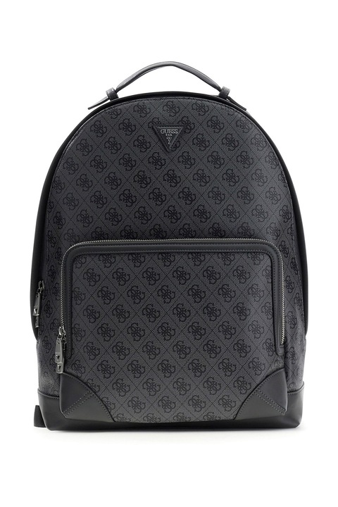 GUESS, Rucsac cu buzunar frontal cu fermoar si model monograma Milano, Negru, Gri antracit
