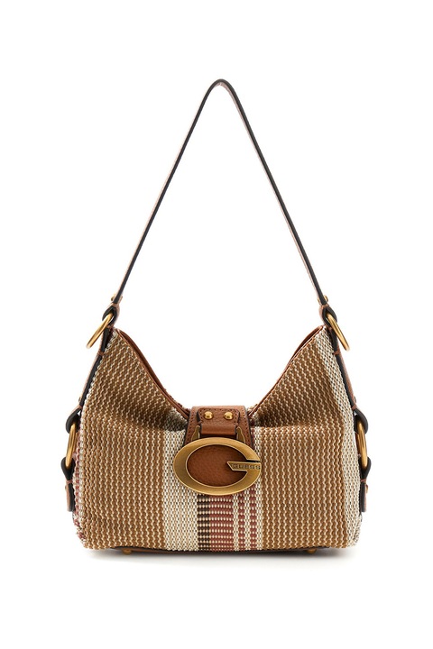 GUESS, Geanta din material textil cu bareta de umar si dungi Camden, Maro, Kaki